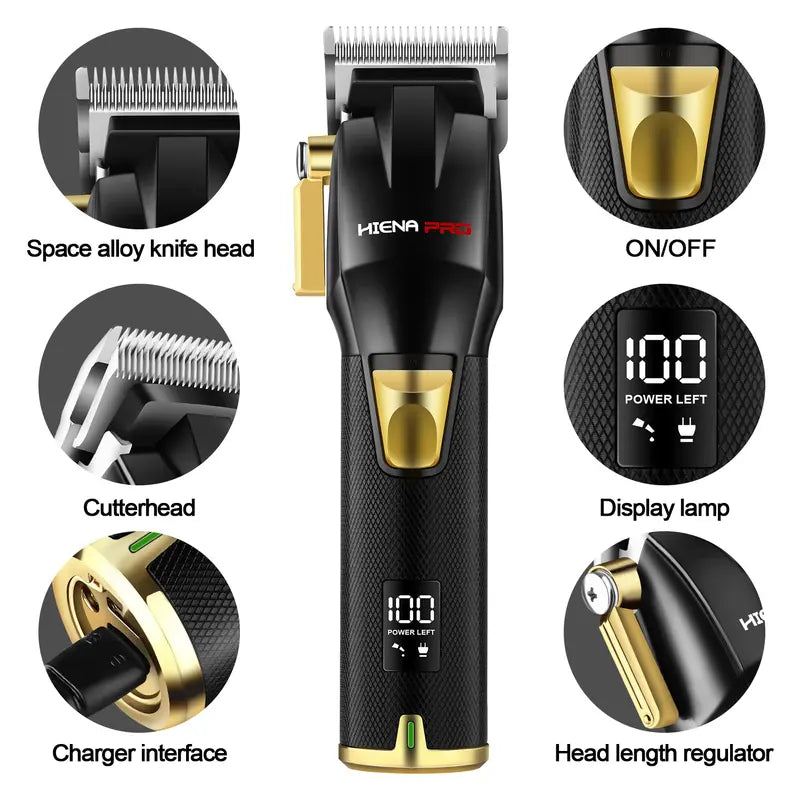 Professional 3-Piece Black and Gold Cordless Hair Clipper & Trimmer Set with LCD Display