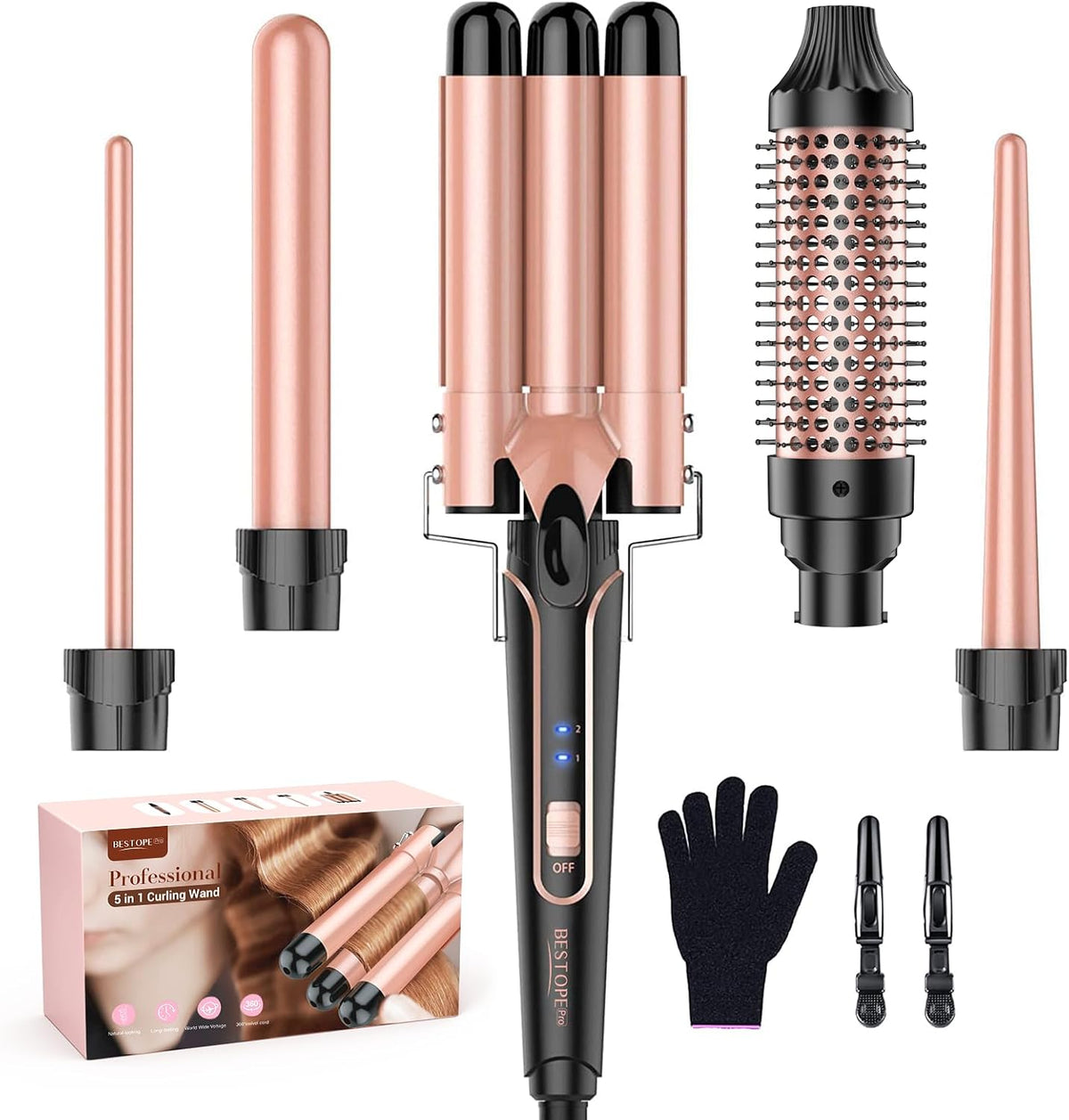 5 in 1 Curling Wand Set with 3 Barrel Hair Crimper, Ceramic Tourmaline Hair Waver for All Hair Types
