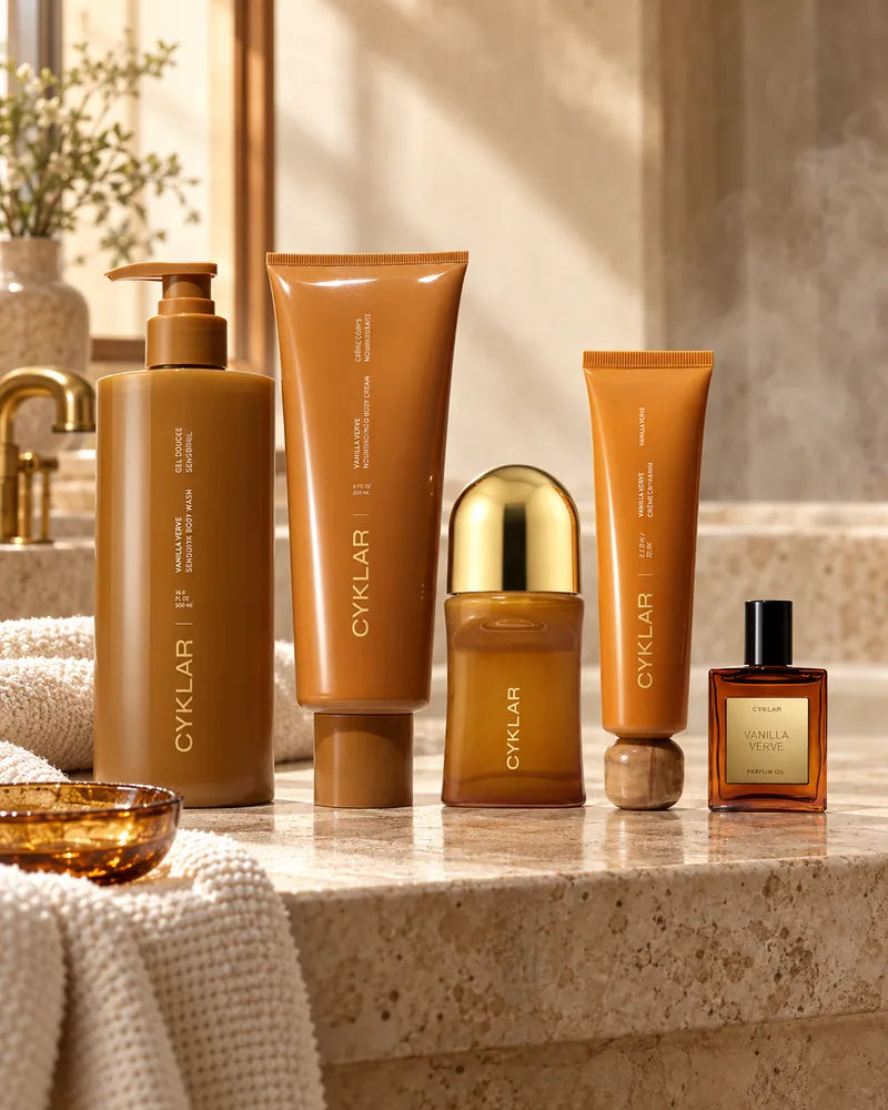 Warm bathroom vanity scene with the complete body care set