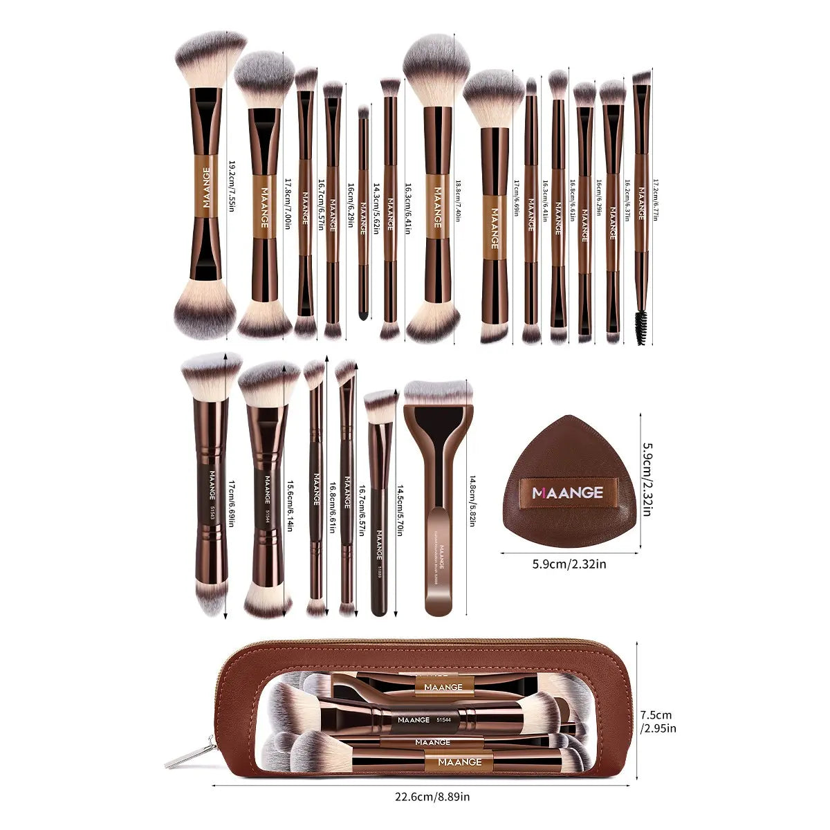 22-Piece Professional Makeup Brush Set with Storage Bag and Powder Puffs