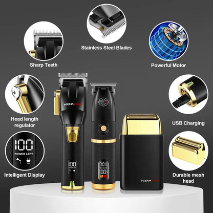 Professional 3-Piece Black and Gold Cordless Hair Clipper & Trimmer Set with LCD Display