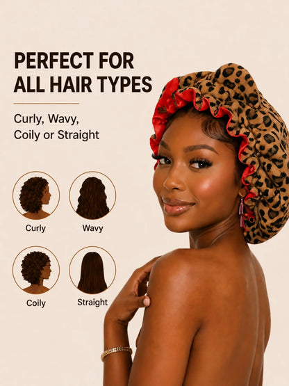 Leopard Print Satin Sleep Cap with Cute Bow and Bear Ears, Soft Velvet Hair Hat for Nighttime Protection
