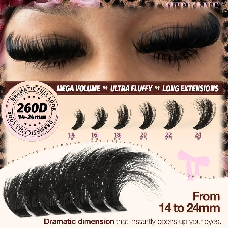 280Pcs Thick Lash Clusters 260D Dramatic 14-24mm Mega Volume D Curl Fluffy Individual Extensions