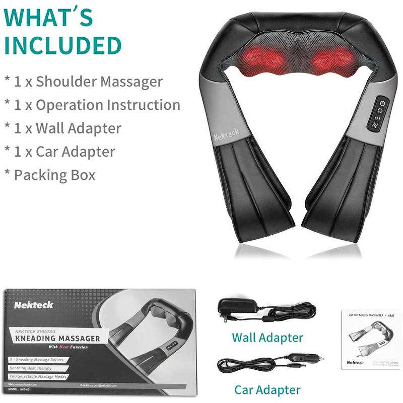 Shiatsu Neck and Back Massager with Soothing Heat and 8 Deep-Kneading Nodes
