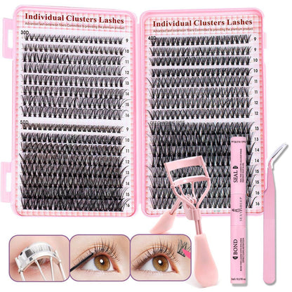 Mixed-Style Lash Clusters Kit, DIY Individual Eyelash Extensions, D-Curl Volume False Eyelashes