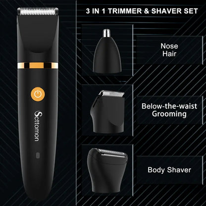 3 in 1 Electric Body Hair Trimmer and Groin Groomer for Men, Waterproof Nose Shaver