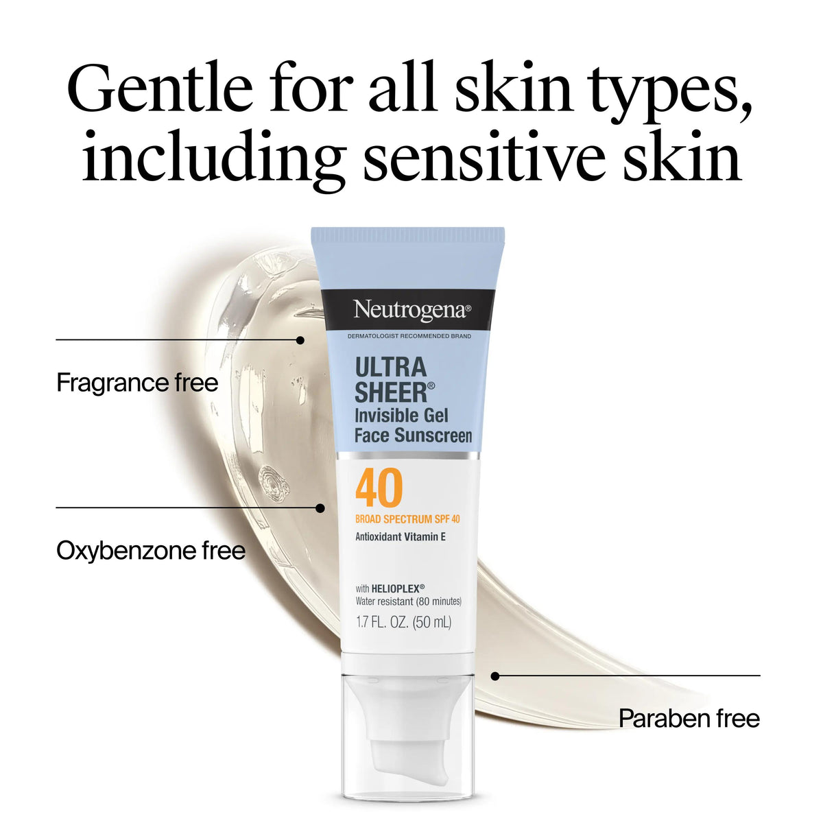 Ultra Sheer Invisible Gel Face Sunscreen Broad Spectrum SPF 40, 1.7 Oz
