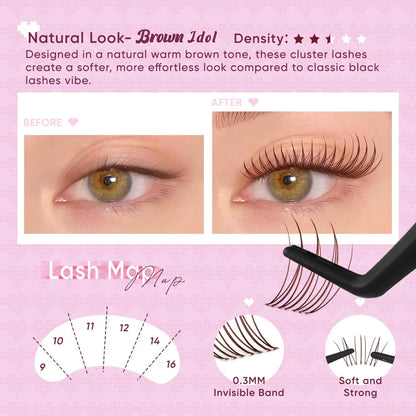Brown Lash Clusters Kit - D Curl Wispy DIY Eyelash Extension for Natural Makeup