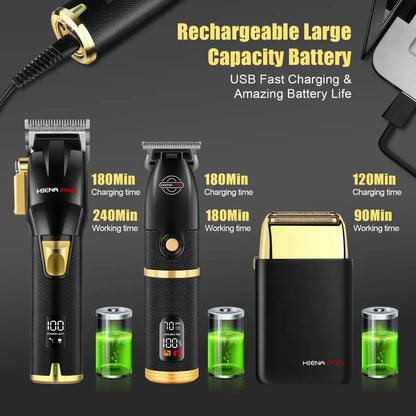 Professional 3-Piece Black and Gold Cordless Hair Clipper & Trimmer Set with LCD Display