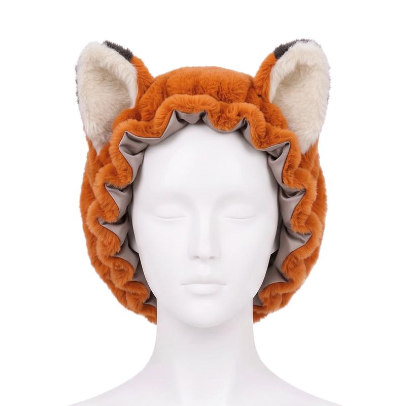 Fox Ear Design Plush Satin Hair Bonnet for Sleeping - Adjustable Elastic Sleep Cap