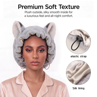 Fox Ear Design Plush Satin Hair Bonnet for Sleeping - Adjustable Elastic Sleep Cap