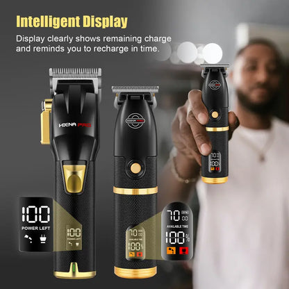Professional 3-Piece Black and Gold Cordless Hair Clipper & Trimmer Set with LCD Display