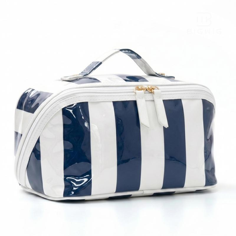 Large Capacity Striped Makeup Bag, Waterproof PVC Travel Organizer with Wide-Mouth Opening