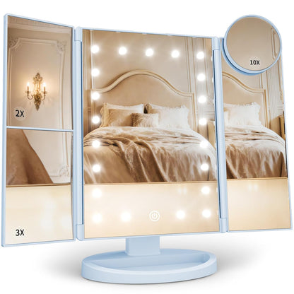 2X/3X/10X Magnifying Vanity Mirror with Light, Trifold Makeup Mirror with Adjustable LED Brightness