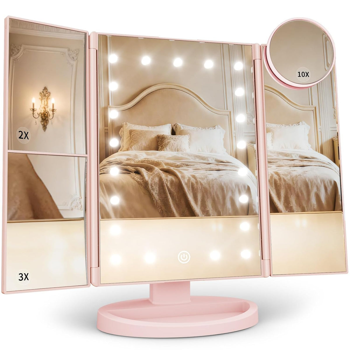 2X/3X/10X Magnifying Vanity Mirror with Light, Trifold Makeup Mirror with Adjustable LED Brightness