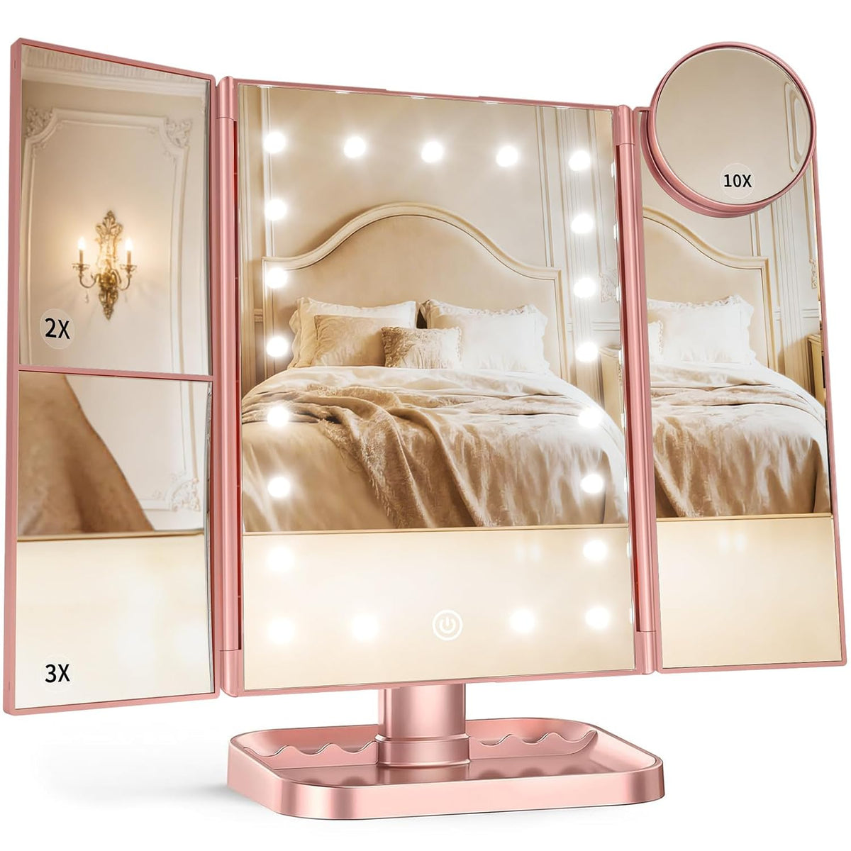 2X/3X/10X Magnifying Vanity Mirror with Light, Trifold Makeup Mirror with Adjustable LED Brightness