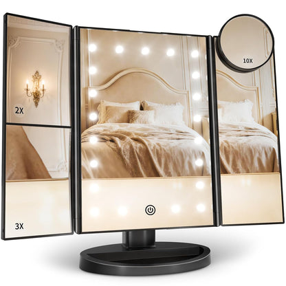 2X/3X/10X Magnifying Vanity Mirror with Light, Trifold Makeup Mirror with Adjustable LED Brightness
