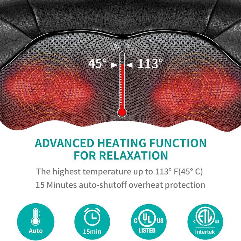 Shiatsu Neck and Back Massager with Soothing Heat and 8 Deep-Kneading Nodes