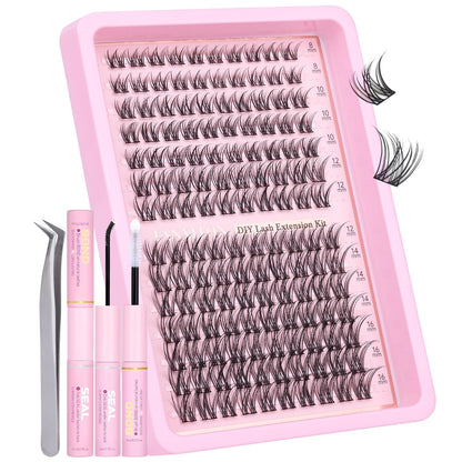 DIY Lash Extension Kit - 154 Pcs Natural Wispy Clusters, D Curl 8-16mm with Bond, Seal, and Tweezers