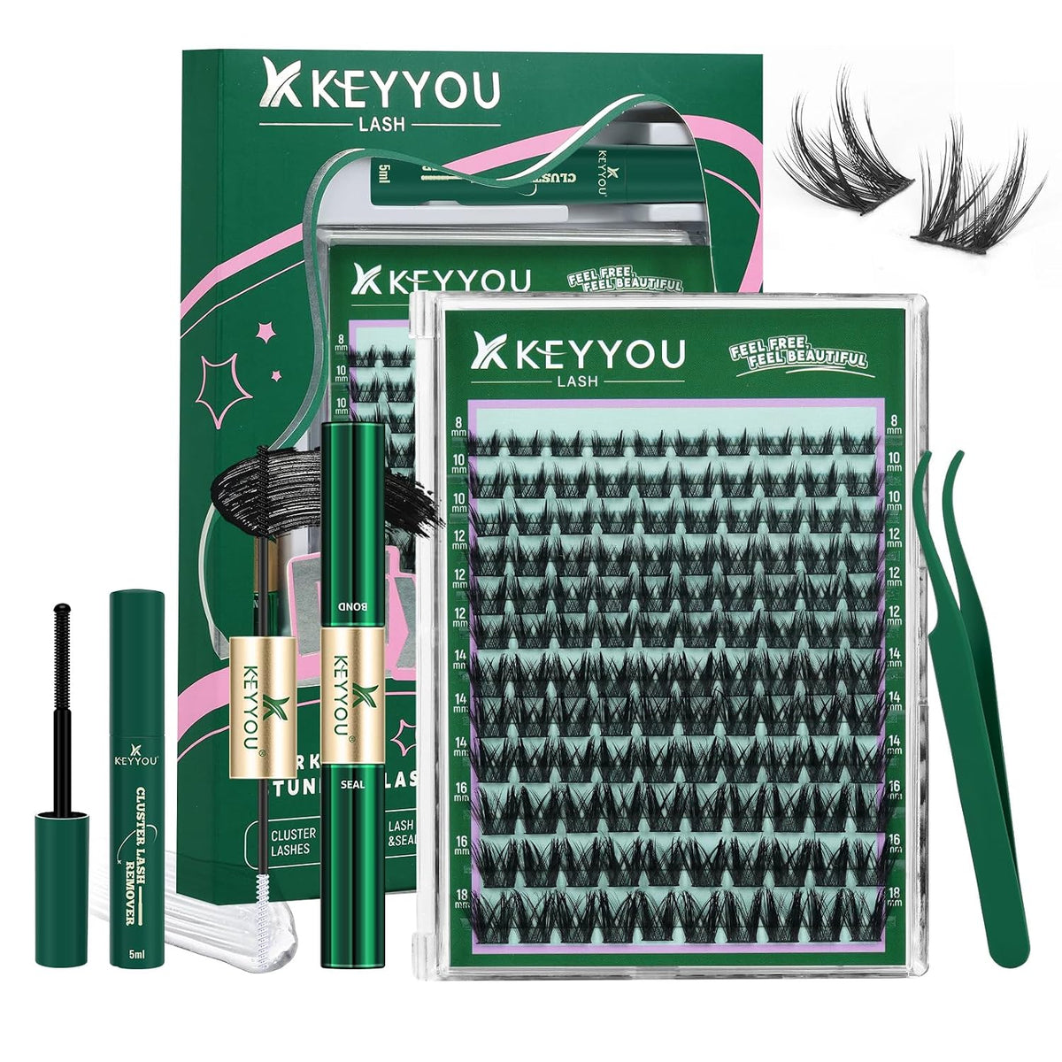 Flora Lash Clusters Kit - 132pcs D Curl Natural Extension Set with Bond, Seal, and Remover