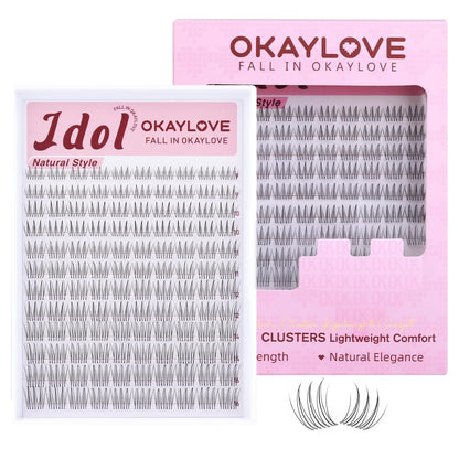 Brown Idol Lash Clusters Kit - Clear Band Natural Wispy Eyelash Extensions with Bond and Seal, 9-16mm