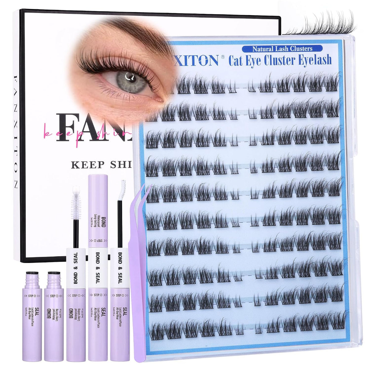DIY Lash Extension Kit - 154 Pcs Natural Wispy Clusters, D Curl 8-16mm with Bond, Seal, and Tweezers