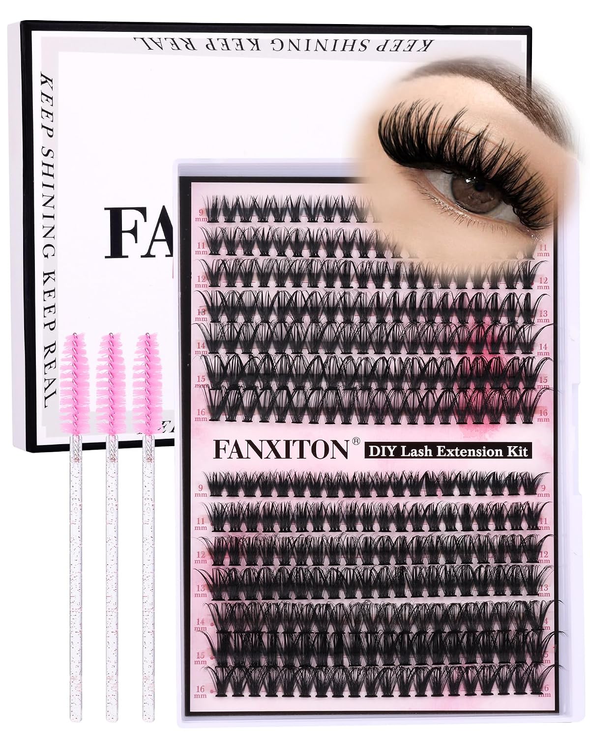 DIY Lash Extension Kit - 154 Pcs Natural Wispy Clusters, D Curl 8-16mm with Bond, Seal, and Tweezers