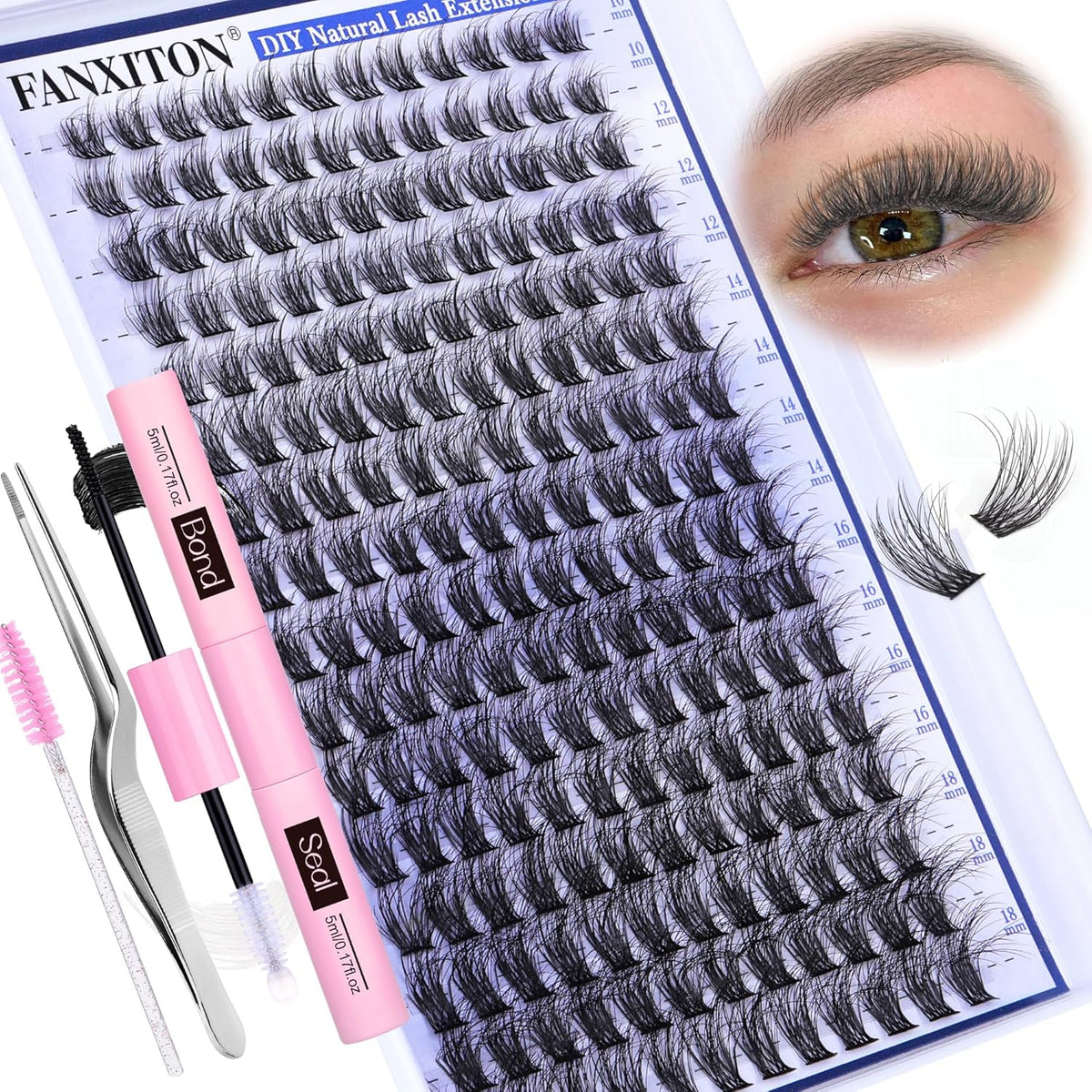 DIY Lash Extension Kit - 154 Pcs Natural Wispy Clusters, D Curl 8-16mm with Bond, Seal, and Tweezers