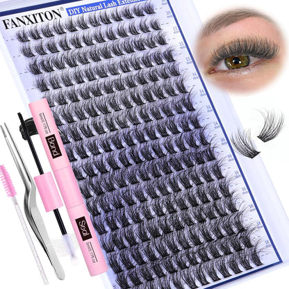DIY Lash Extension Kit - 154 Pcs Natural Wispy Clusters, D Curl 8-16mm with Bond, Seal, and Tweezers
