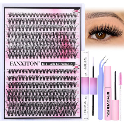 DIY Lash Extension Kit - 154 Pcs Natural Wispy Clusters, D Curl 8-16mm with Bond, Seal, and Tweezers