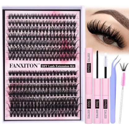 DIY Lash Extension Kit - 154 Pcs Natural Wispy Clusters, D Curl 8-16mm with Bond, Seal, and Tweezers