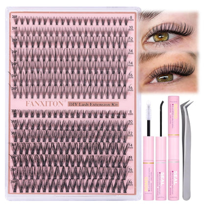 DIY Lash Extension Kit - 154 Pcs Natural Wispy Clusters, D Curl 8-16mm with Bond, Seal, and Tweezers