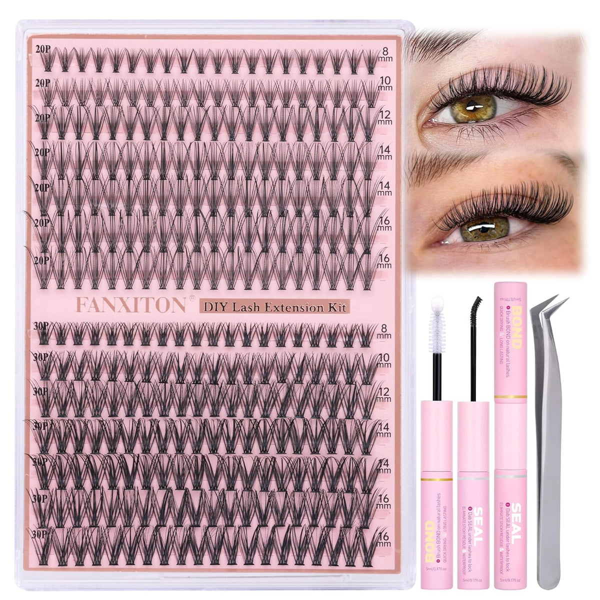 DIY Lash Extension Kit - 154 Pcs Natural Wispy Clusters, D Curl 8-16mm with Bond, Seal, and Tweezers