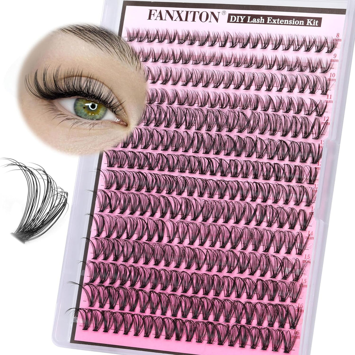 DIY Lash Extension Kit - 154 Pcs Natural Wispy Clusters, D Curl 8-16mm with Bond, Seal, and Tweezers