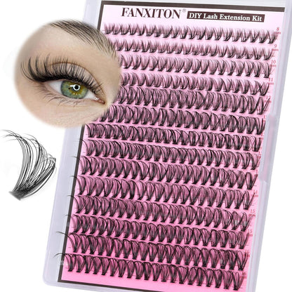 DIY Lash Extension Kit - 154 Pcs Natural Wispy Clusters, D Curl 8-16mm with Bond, Seal, and Tweezers