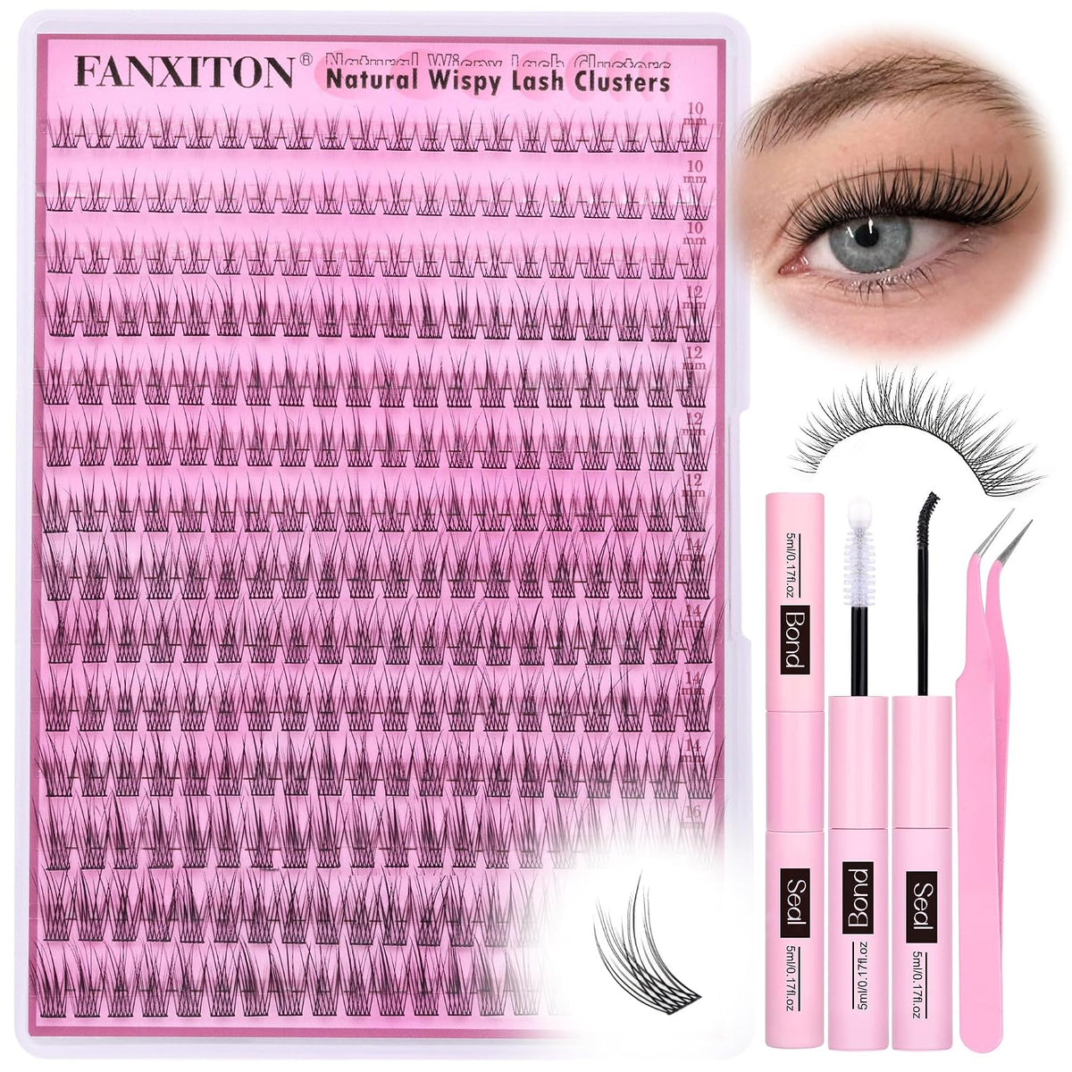 DIY Lash Extension Kit - 154 Pcs Natural Wispy Clusters, D Curl 8-16mm with Bond, Seal, and Tweezers