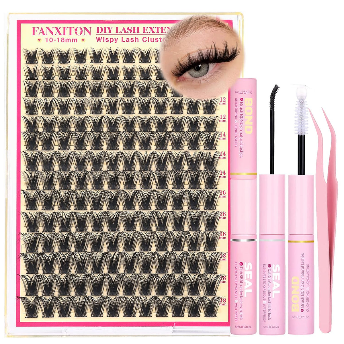 DIY Lash Extension Kit - 154 Pcs Natural Wispy Clusters, D Curl 8-16mm with Bond, Seal, and Tweezers