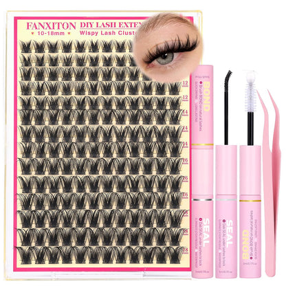 DIY Lash Extension Kit - 154 Pcs Natural Wispy Clusters, D Curl 8-16mm with Bond, Seal, and Tweezers