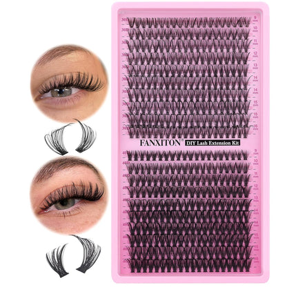 DIY Lash Extension Kit - 154 Pcs Natural Wispy Clusters, D Curl 8-16mm with Bond, Seal, and Tweezers