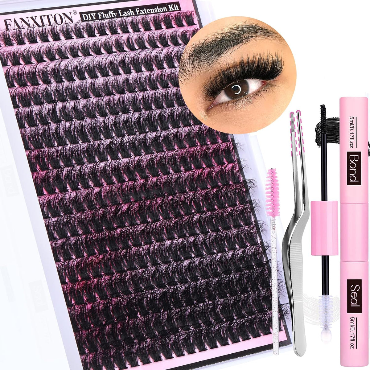 DIY Lash Extension Kit - 154 Pcs Natural Wispy Clusters, D Curl 8-16mm with Bond, Seal, and Tweezers