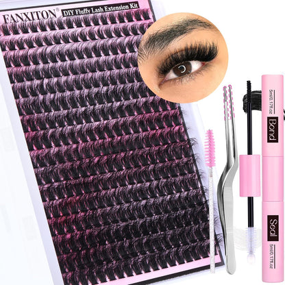 DIY Lash Extension Kit - 154 Pcs Natural Wispy Clusters, D Curl 8-16mm with Bond, Seal, and Tweezers