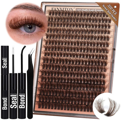 DIY Lash Extension Kit - 154 Pcs Natural Wispy Clusters, D Curl 8-16mm with Bond, Seal, and Tweezers