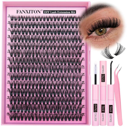 DIY Lash Extension Kit - 154 Pcs Natural Wispy Clusters, D Curl 8-16mm with Bond, Seal, and Tweezers