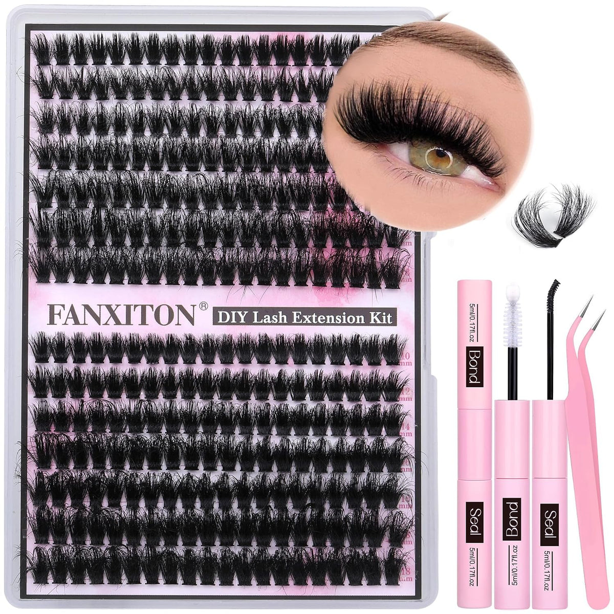 DIY Lash Extension Kit - 154 Pcs Natural Wispy Clusters, D Curl 8-16mm with Bond, Seal, and Tweezers