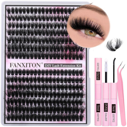 DIY Lash Extension Kit - 154 Pcs Natural Wispy Clusters, D Curl 8-16mm with Bond, Seal, and Tweezers