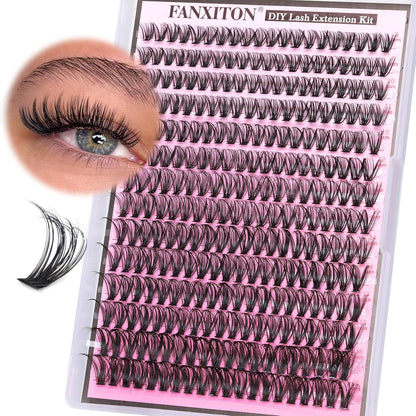 DIY Lash Extension Kit - 154 Pcs Natural Wispy Clusters, D Curl 8-16mm with Bond, Seal, and Tweezers
