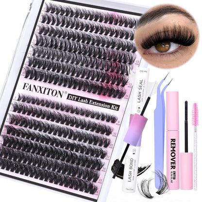 DIY Lash Extension Kit - 154 Pcs Natural Wispy Clusters, D Curl 8-16mm with Bond, Seal, and Tweezers