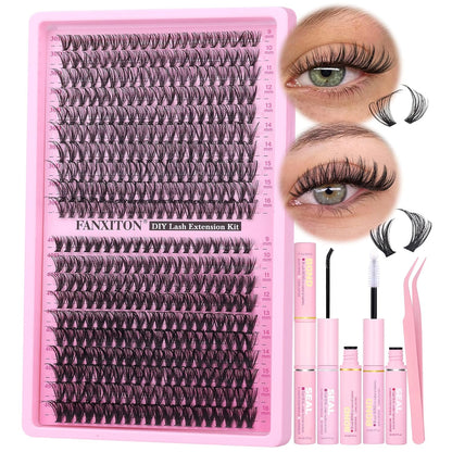 DIY Lash Extension Kit - 154 Pcs Natural Wispy Clusters, D Curl 8-16mm with Bond, Seal, and Tweezers