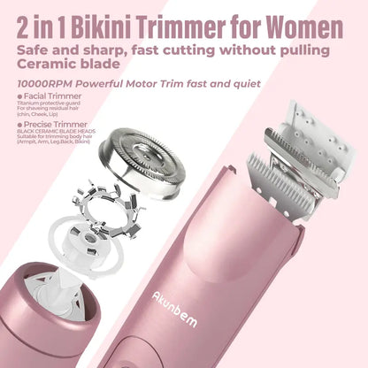 2-in-1 Electric Bikini Trimmer and Shaver for Women, IPX7 Waterproof Rechargeable Razor