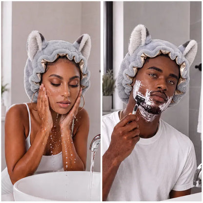 Fox Ear Design Plush Satin Hair Bonnet for Sleeping - Adjustable Elastic Sleep Cap
